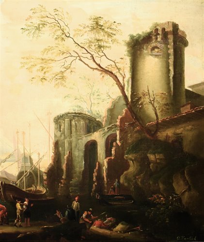 Paysage côtier avec port et ruines